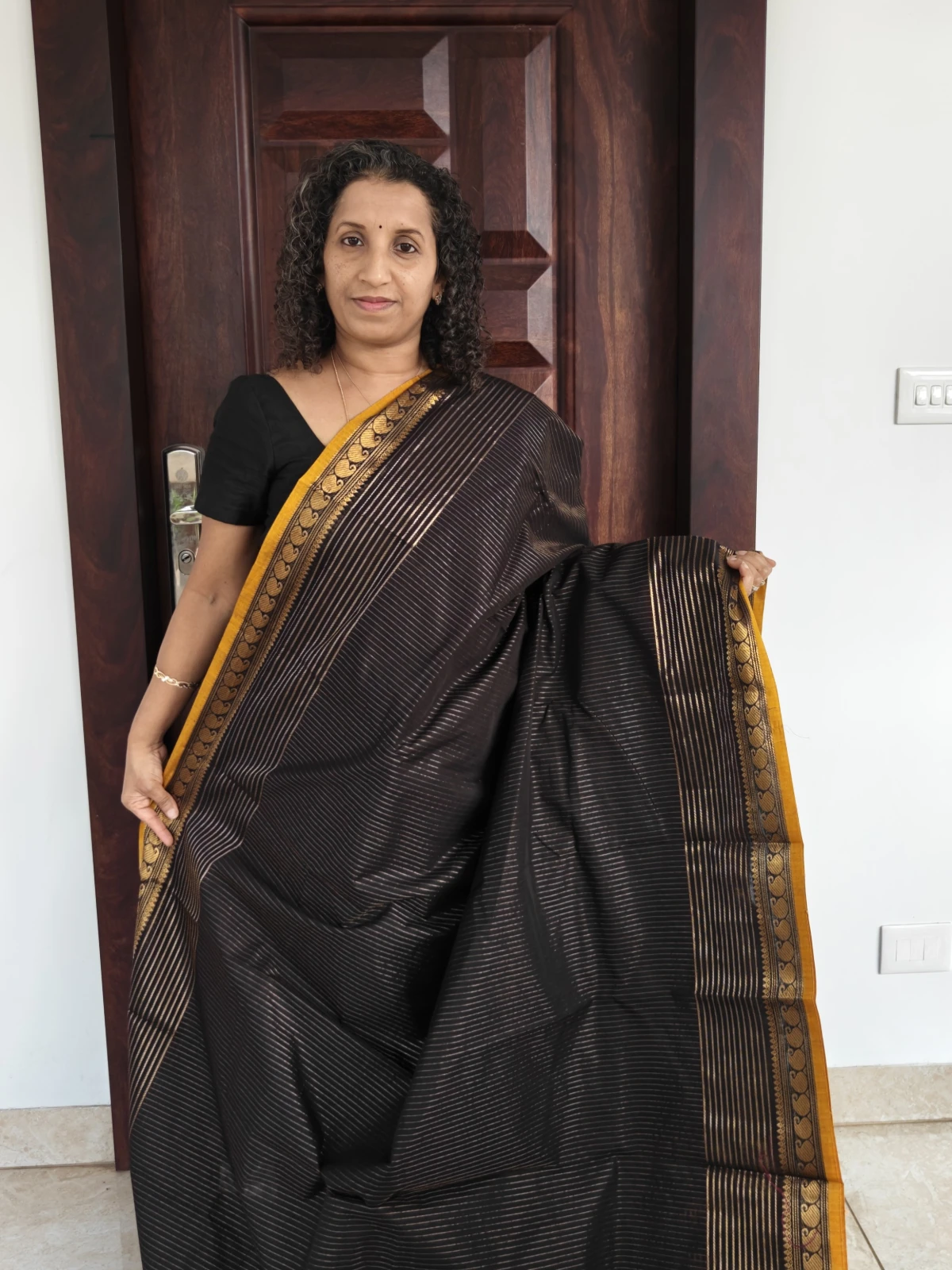 Black and Gold Lines Yellow Border Kanchi Cotton Saree